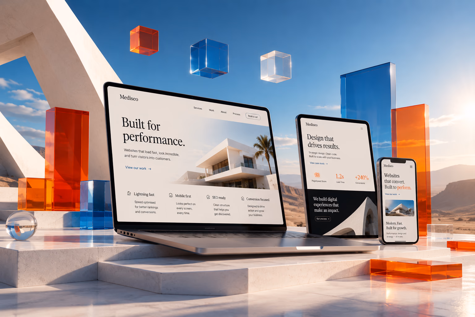 A custom business website on a laptop screen — the kind we develop with AI doing the heavy lifting.