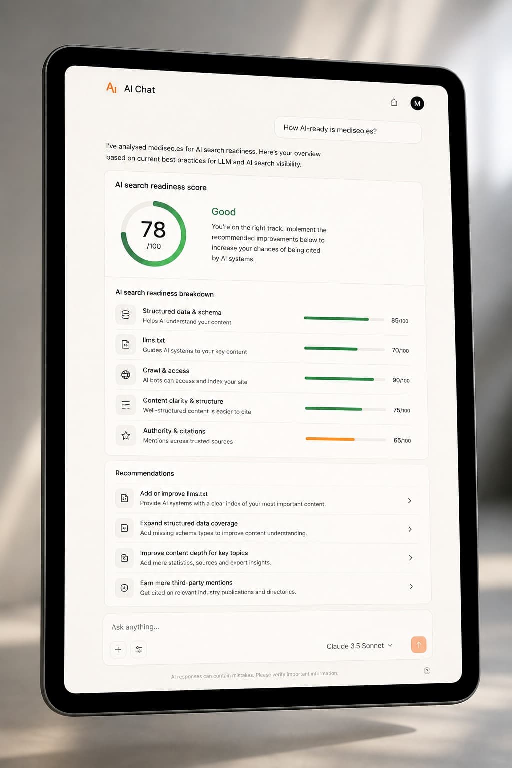AI search readiness dashboard — score, breakdown, and recommendations.